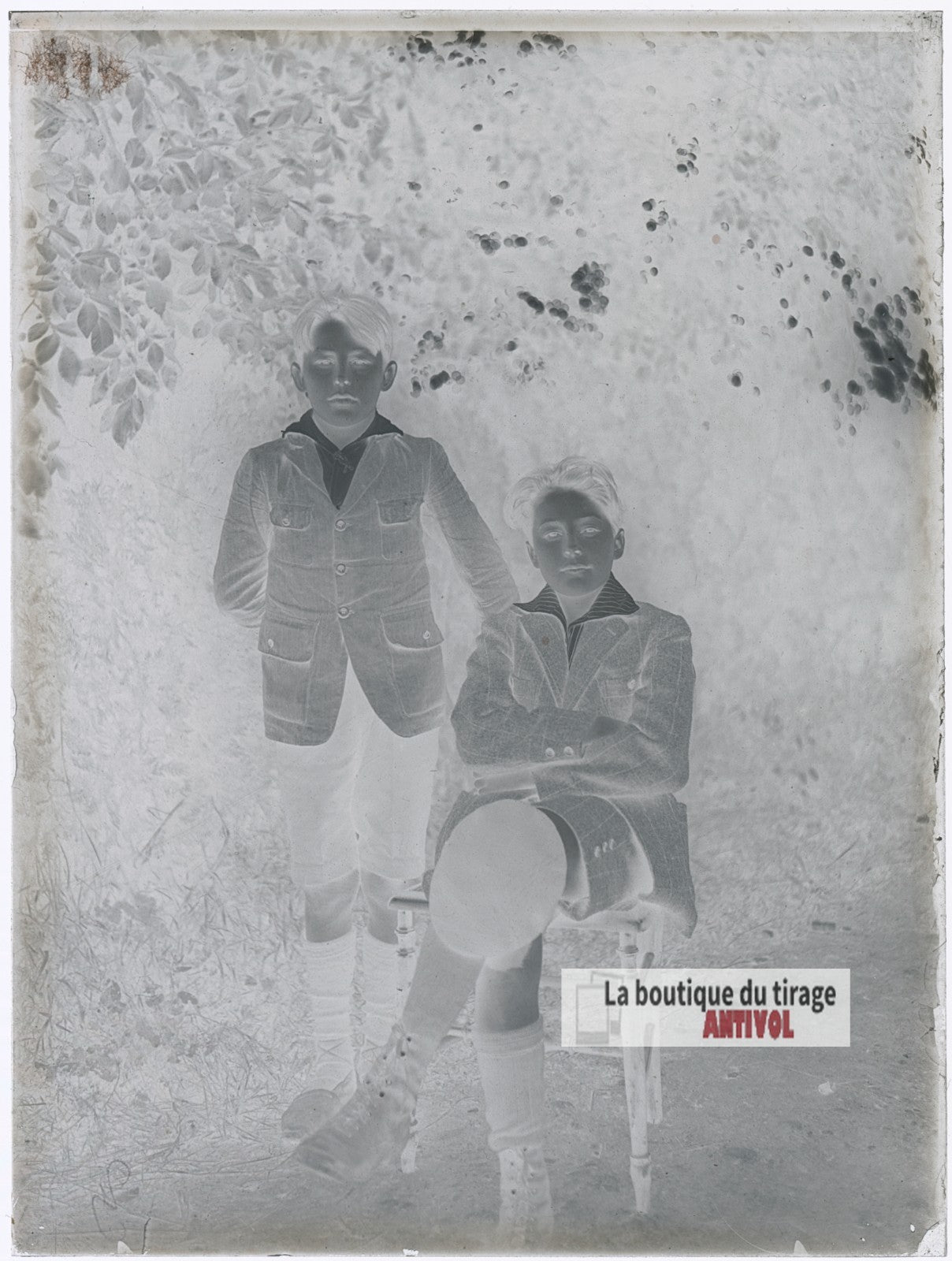 Portrait de deux garçons, plaque verre photo ancienne, négatif 9x12 cm