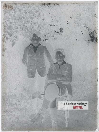 Portrait de deux garçons, plaque verre photo ancienne, négatif 9x12 cm