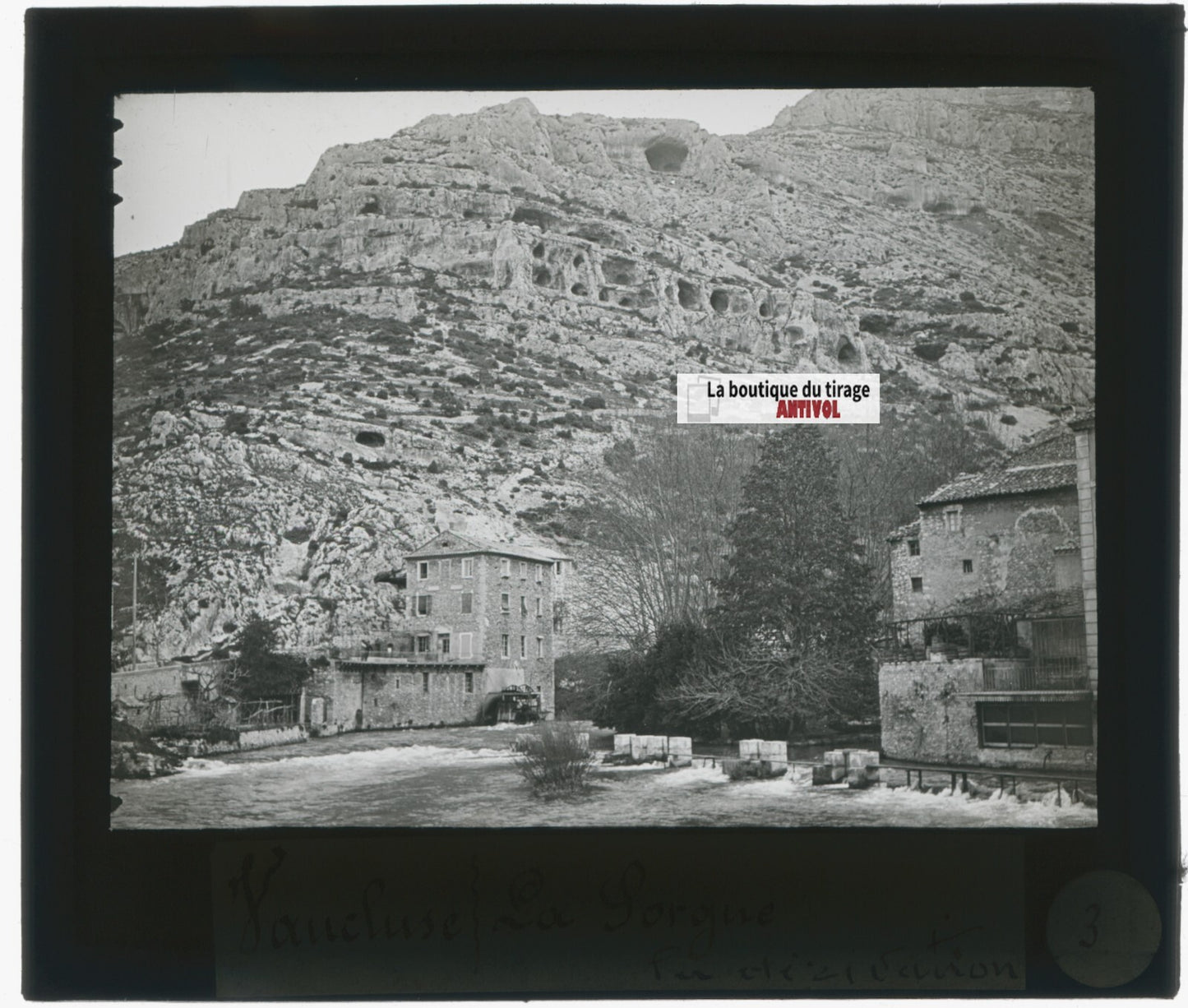Fontaine-de-Vaucluse, Sorgue, photo ancienne plaque de verre, positif 8,5x10 cm