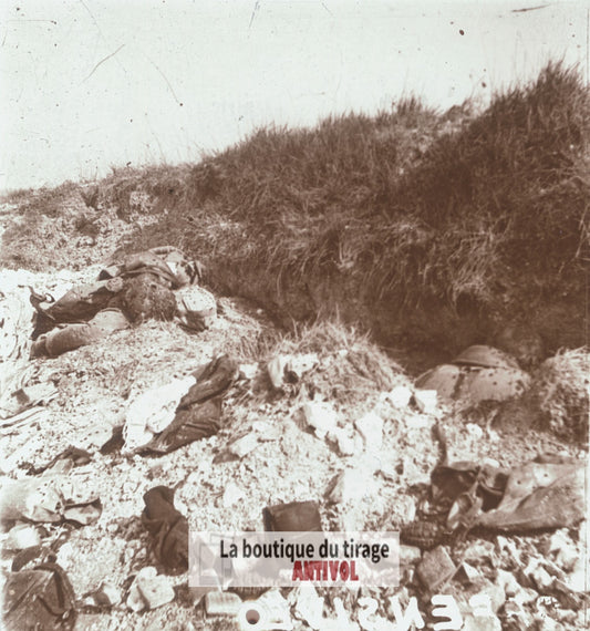Cléry-sur-Somme, cadavres guerre WW1, plaque verre stéréo, photo 4,5x10,7 cm