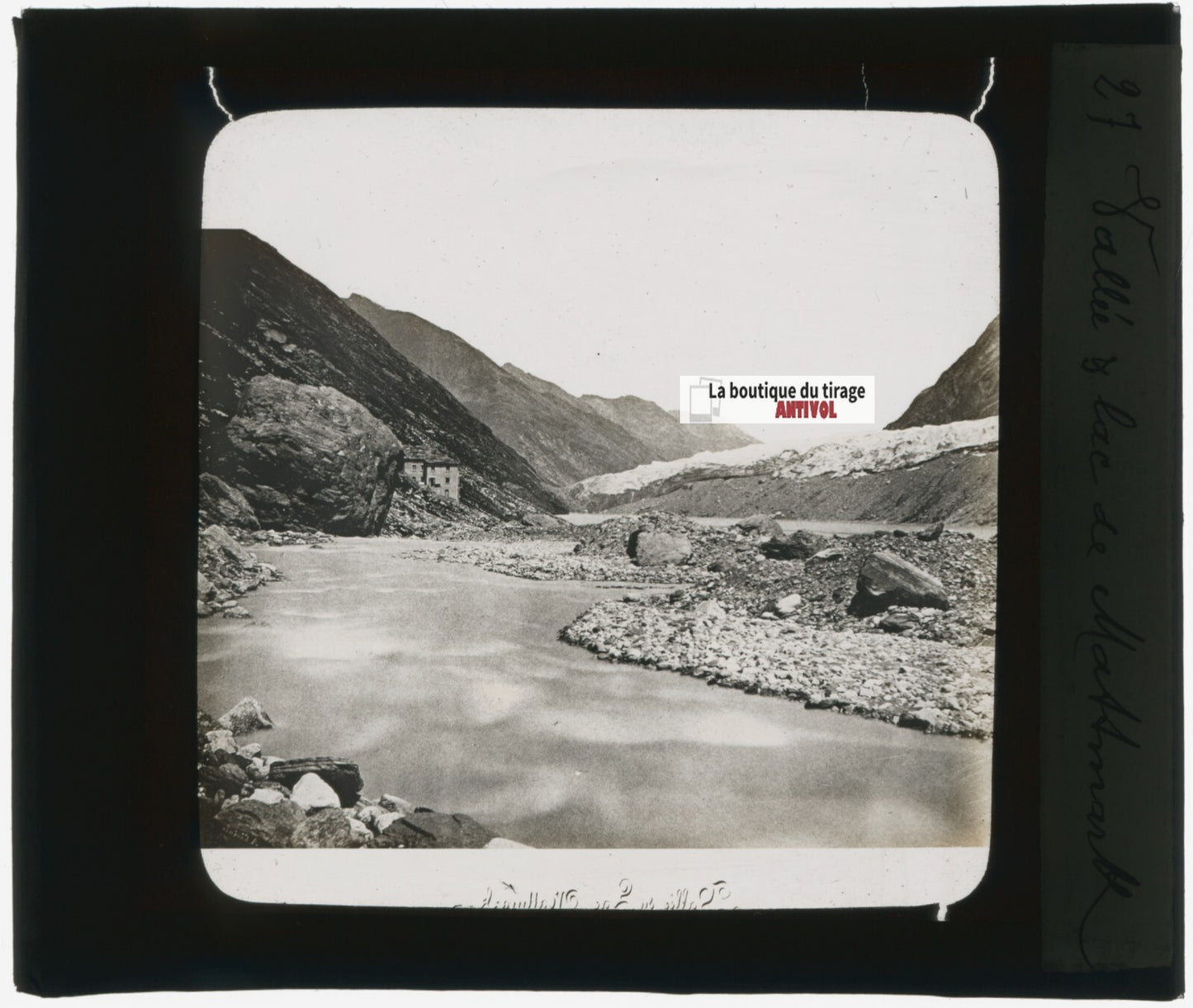 Lac, Mattmark, Suisse, photo plaque verre, noir & blanc, positif 8,5x10 cm