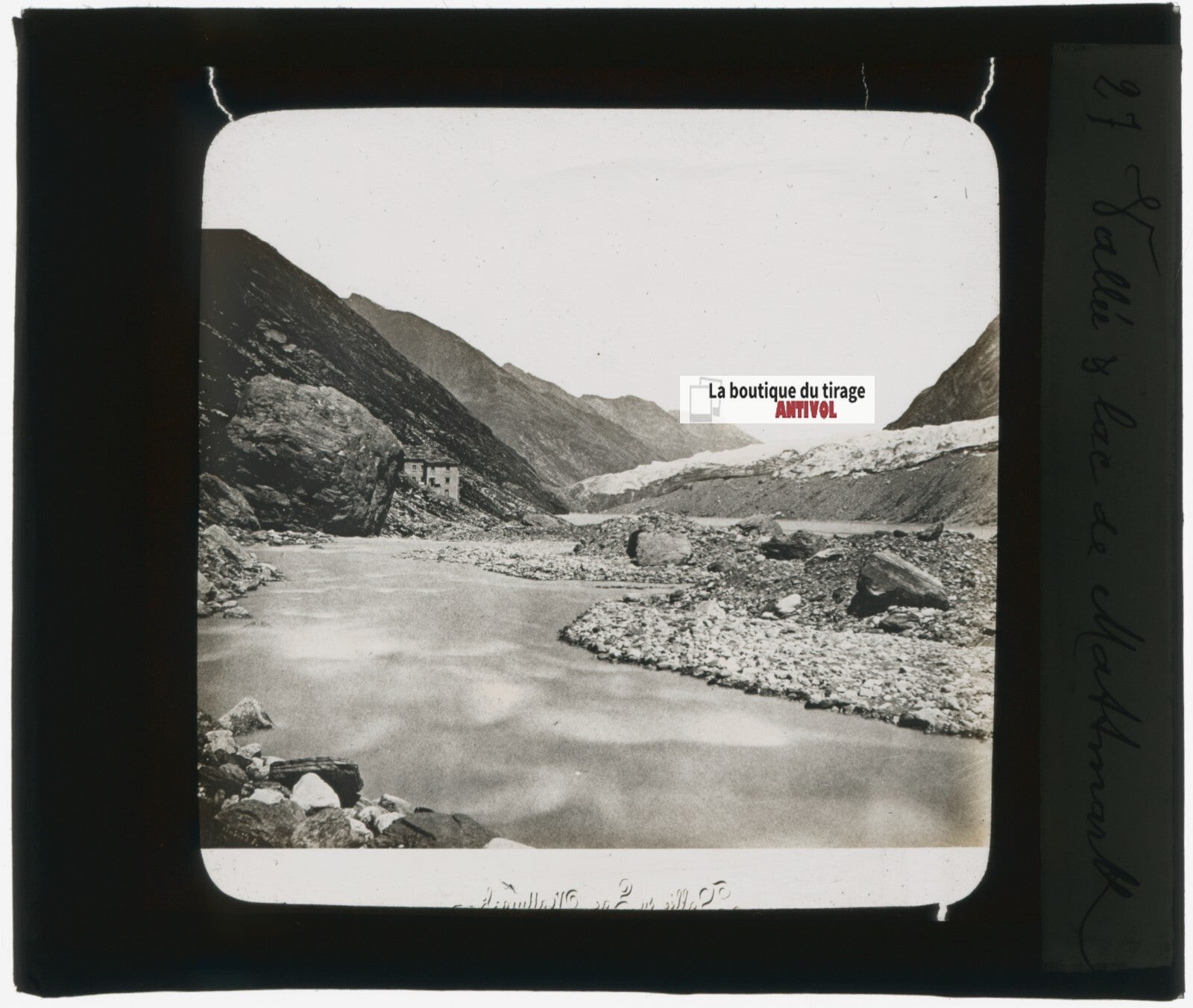 Lac, Mattmark, Suisse, photo plaque verre, noir & blanc, positif 8,5x10 cm