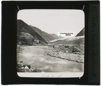 Lac, Mattmark, Suisse, photo plaque verre, noir & blanc, positif 8,5x10 cm