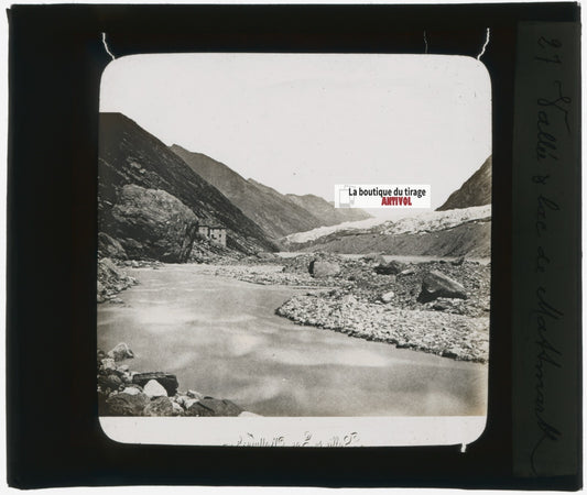 Lac, Mattmark, Suisse, photo plaque verre, noir & blanc, positif 8,5x10 cm