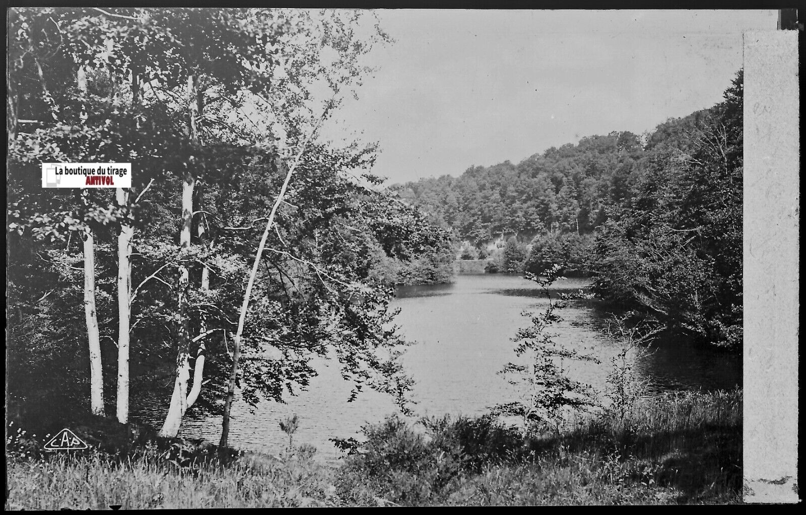 Plaque verre photo négatif noir & blanc 9x14 cm, La Bourboule, barrage, lac