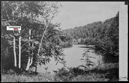 Plaque verre photo négatif noir & blanc 9x14 cm, La Bourboule, barrage, lac