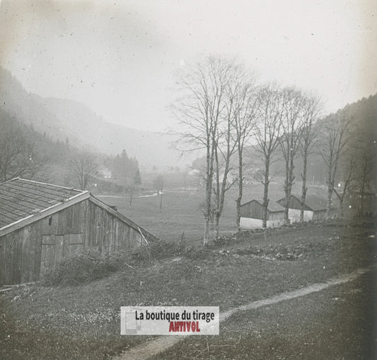 Vallée vosgienne, Vosges, plaque verre stéréo, photo ancienne 4,5x10,7 cm