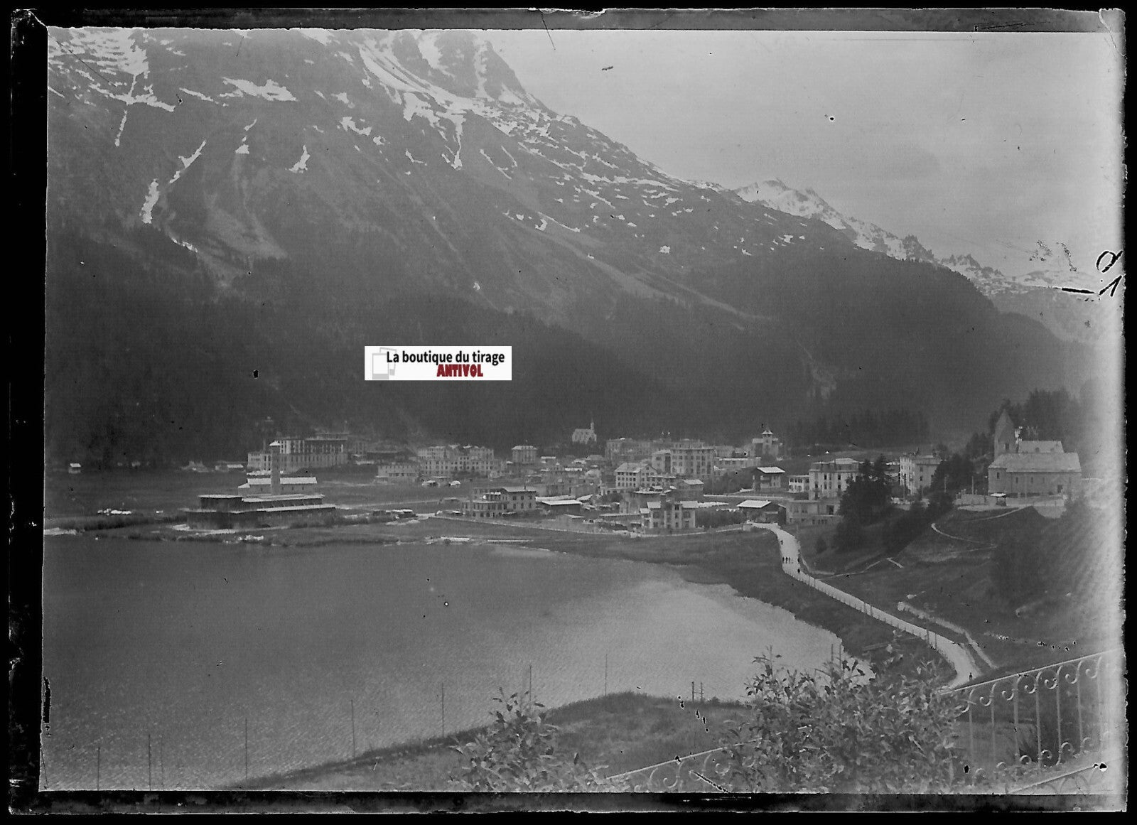 Saint-Moritz Suisse, Plaque verre photo ancienne, négatif noir & blanc 6x9 cm