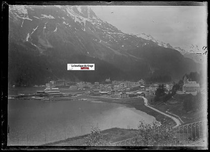 Saint-Moritz Suisse, Plaque verre photo ancienne, négatif noir & blanc 6x9 cm