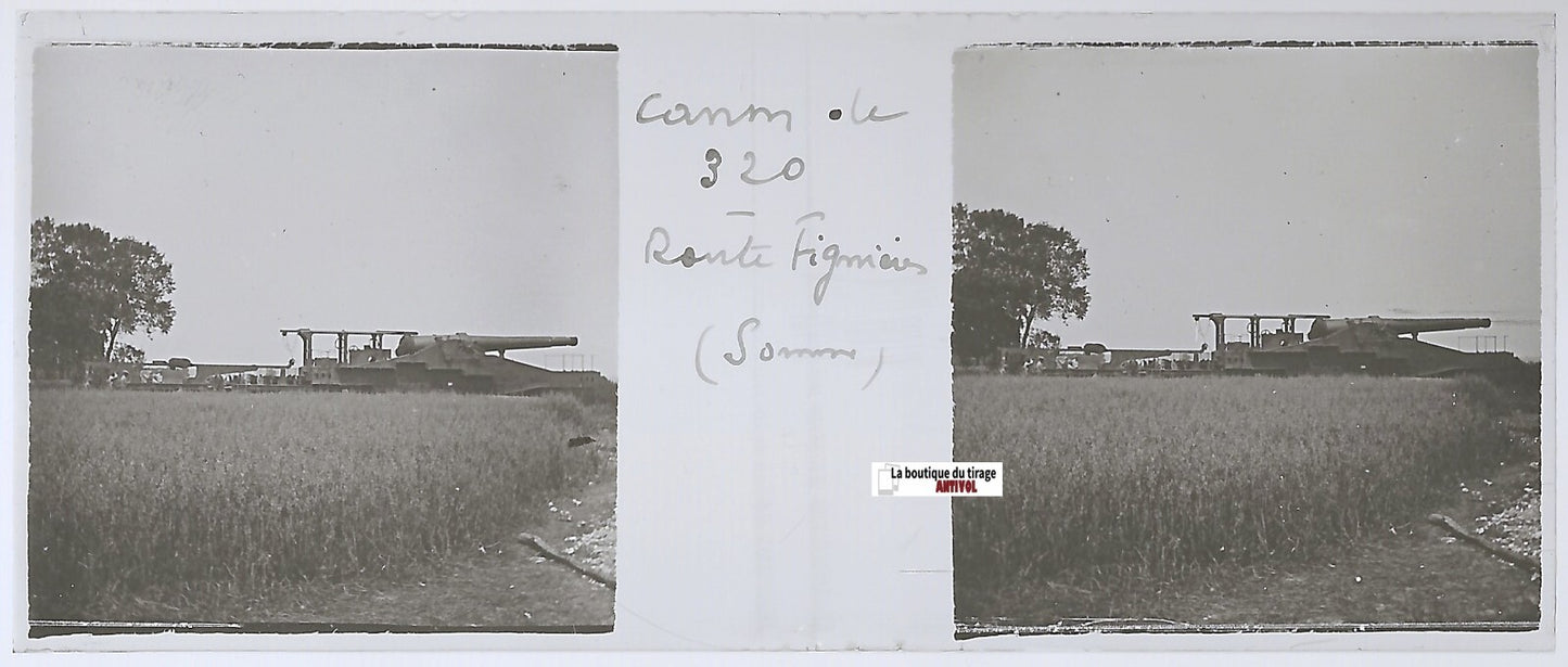 Fignières, canon de 320, Plaque verre stéréo, positif noir & blanc 4,5x10,7 cm