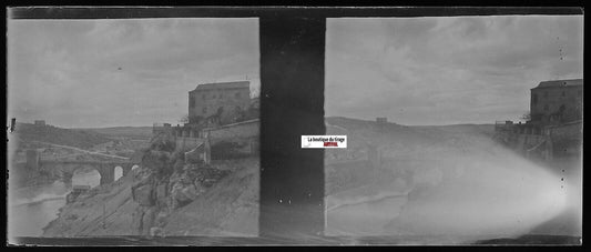 Tolède, Espagne, Plaque verre photo stéréo, négatif noir & blanc 4,5x10,7 cm