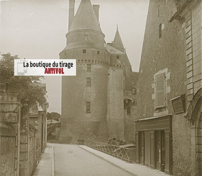 Voitures, Château de Langeais, plaque verre, photo stéréo, noir & blanc 6x13 cm