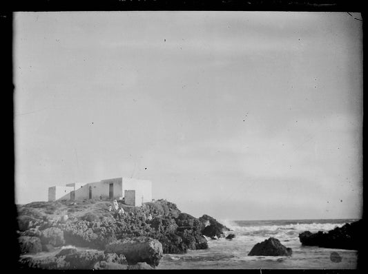 Plaque verre photo ancienne noir et blanc négatif 9x12 cm mer rocher Maroc