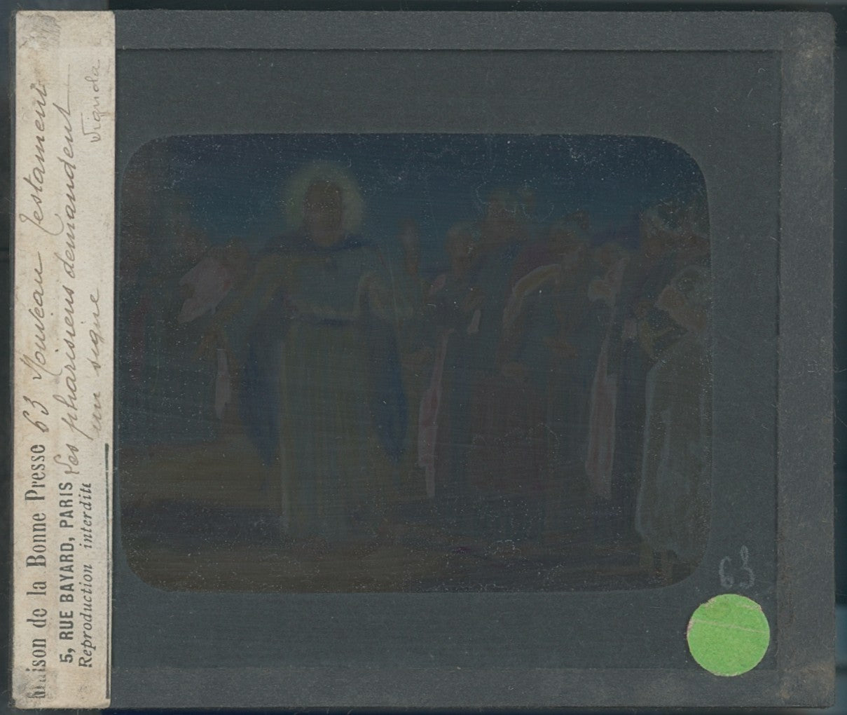 Les pharisiens, Jésus, Vignola, dessin, plaque verre ancienne, couleur 8,5x10 cm