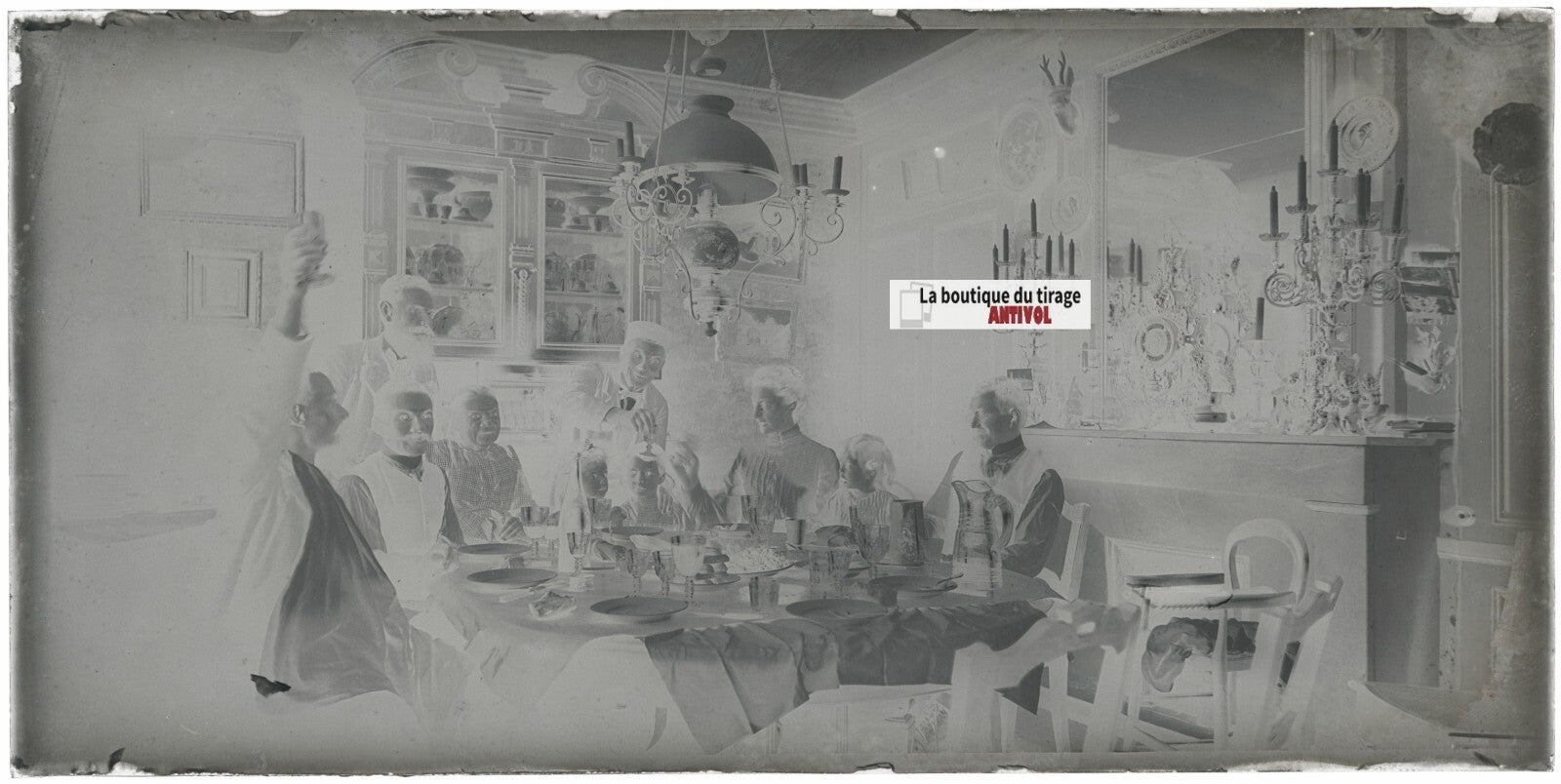 Repas de famille, panoramique, photo ancienne plaque verre, négatif 8x16 cm