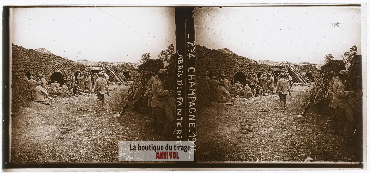 Champagne, abris d’infanterie, WW1, plaque verre photo ancienne stéréo 6x13 cm