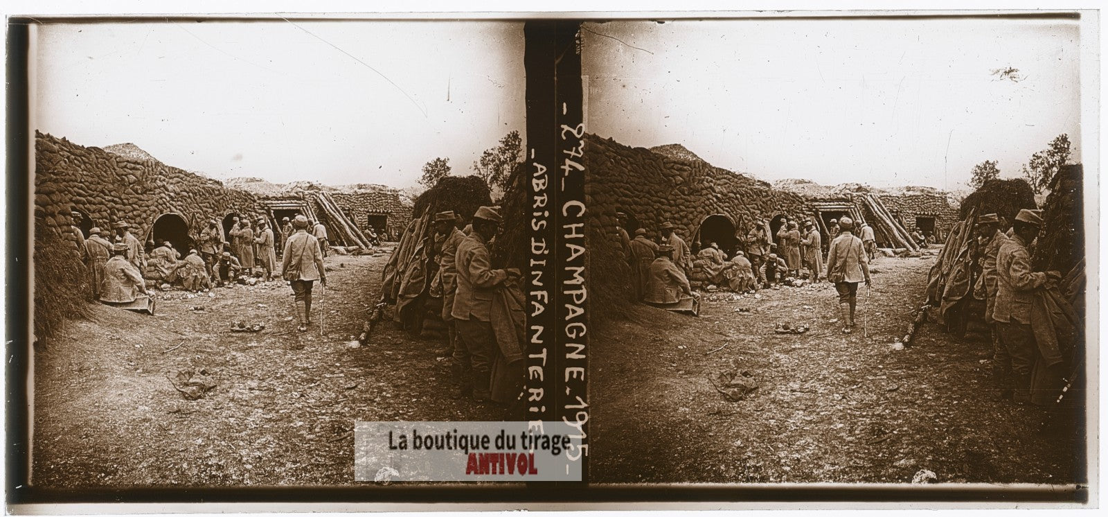 Champagne, abris d’infanterie, WW1, plaque verre photo ancienne stéréo 6x13 cm