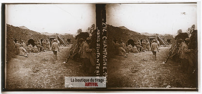 Champagne, abris d’infanterie, WW1, plaque verre photo ancienne stéréo 6x13 cm