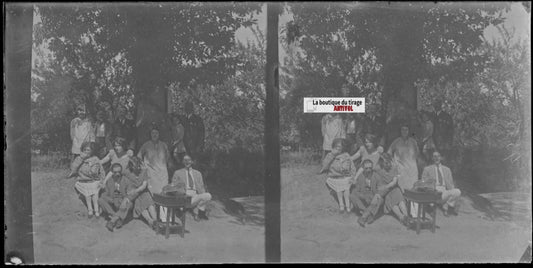 Famille, promenade, stéréoscopie, photo ancienne plaque verre, négatif 9x18 cm