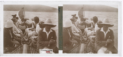 Bateau “Le Cygne”, lac d’Annecy, plaque verre photo ancienne stéréo 6x13 cm
