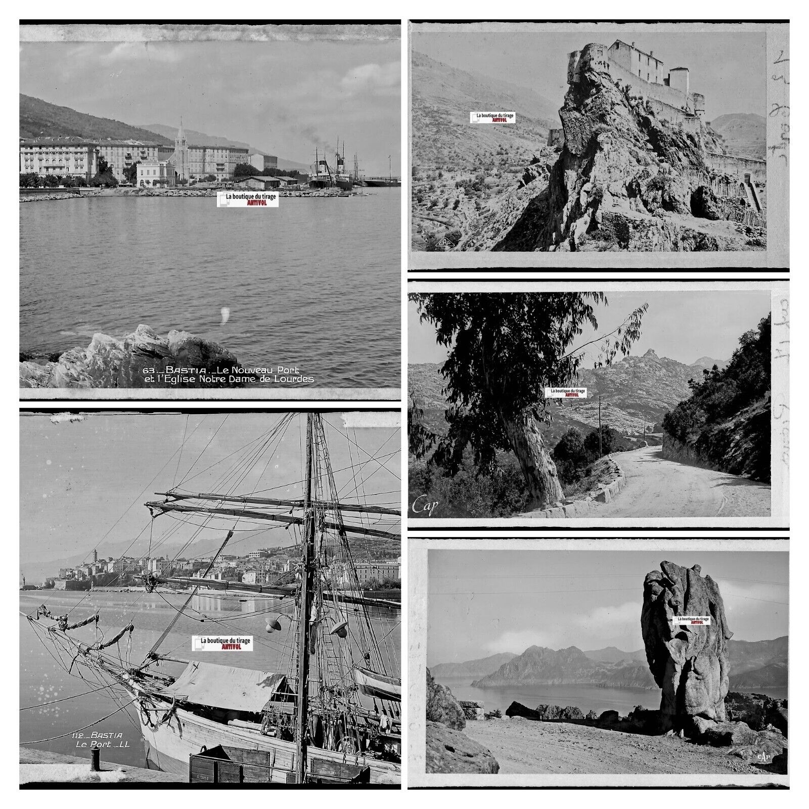 Corse Piana Corte Bastia, photos plaque de verre, lot de 5 négatifs 9x14 cm