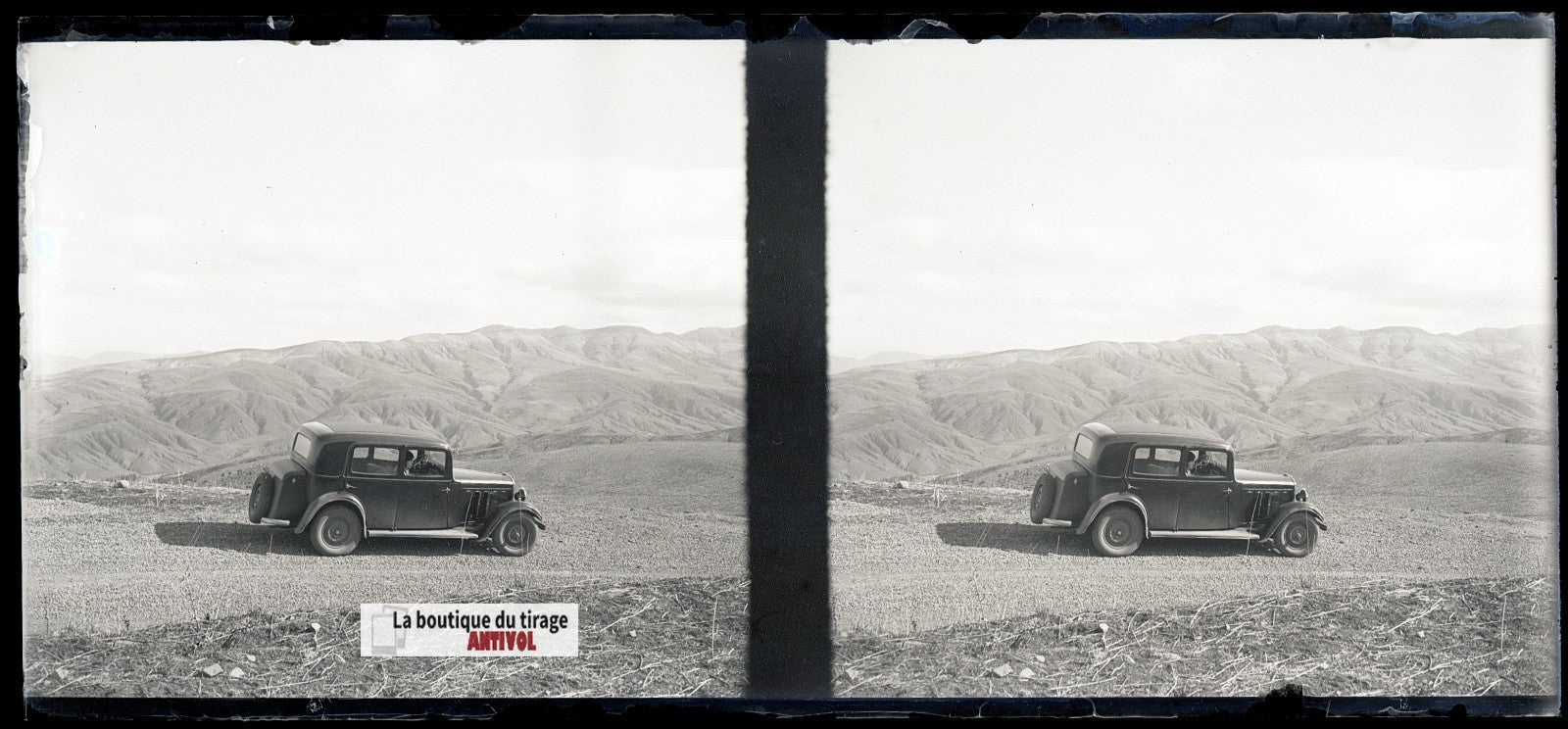 Algérie, voiture, plaque verre, photo stéréo, négatif noir & blanc 6x13 cm