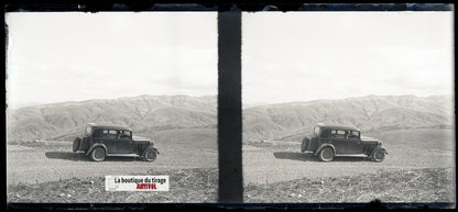 Algérie, voiture, plaque verre, photo stéréo, négatif noir & blanc 6x13 cm