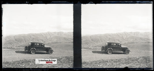 Algérie, voiture, plaque verre, photo stéréo, négatif noir & blanc 6x13 cm