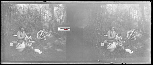 Stereoscopic glass photo negative of a family picnic with a woman and baby in a forest, early 20th century, black and white 4.5x10.7 cm.