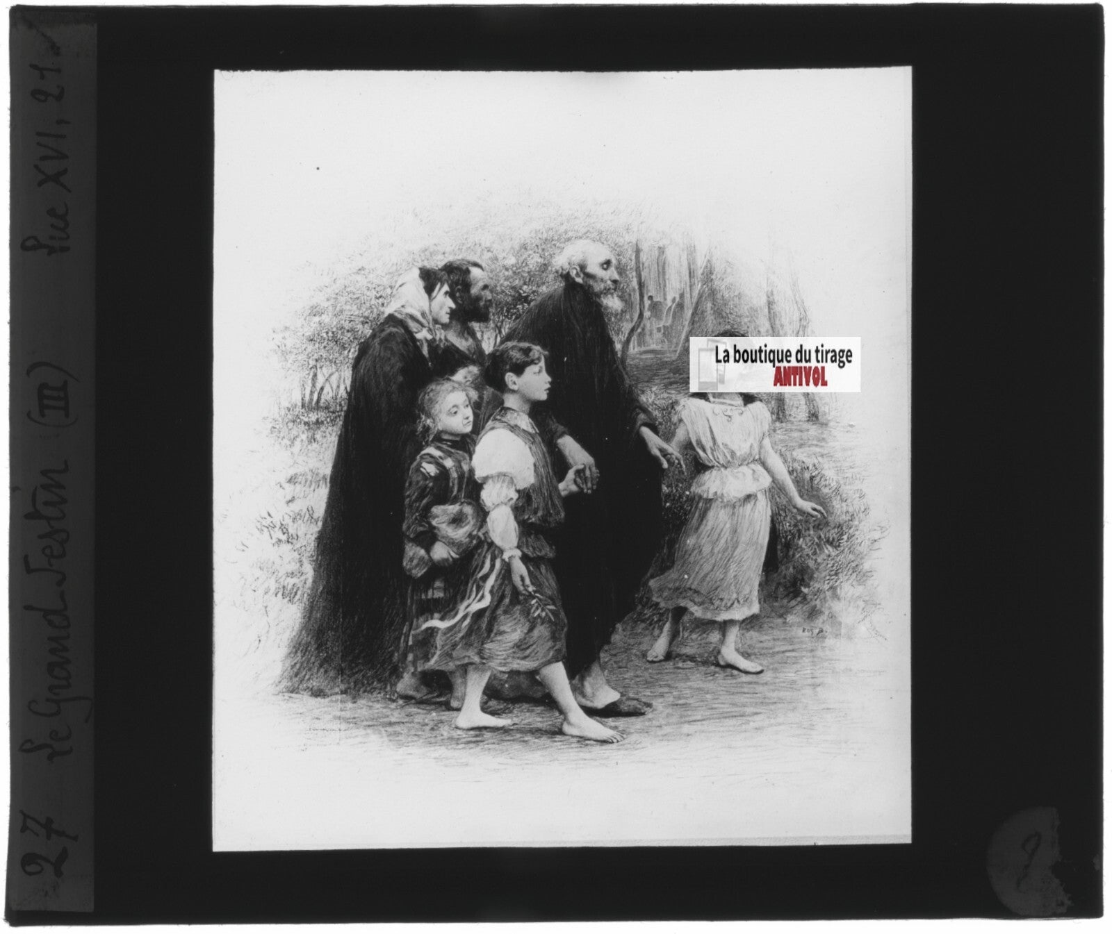 Luc, scène religieuse, dessin peinture plaque de verre, positif 8,5x10 cm