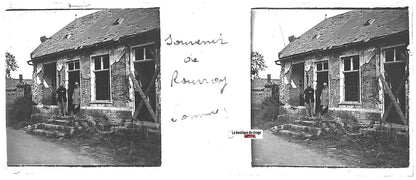 Souvenir de Rouvroy guerre, Plaque verre stéréo positif noir & blanc 4,5x10,7 cm