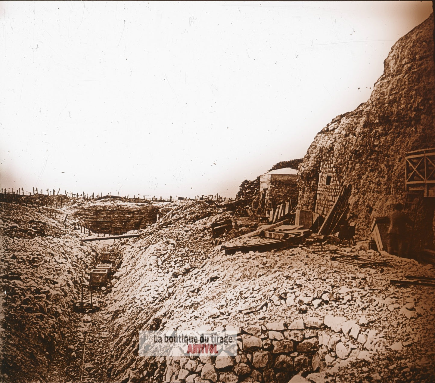 Fort de Vaux, côté sud, guerre WW1, plaque verre photo ancienne stéréo 6x13 cm