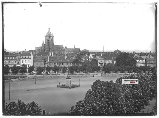 Plaque verre photo ancienne positif noir et blanc 13x18 cm Colmar place Rapp