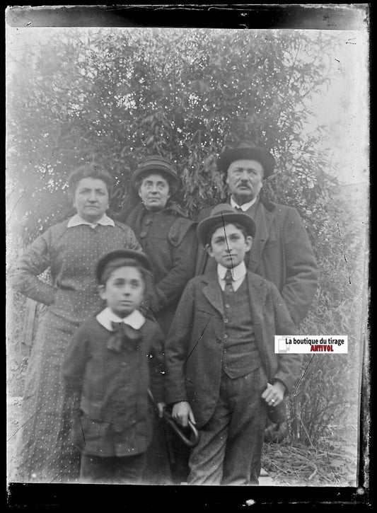 Famille, enfants, Plaque verre photo ancienne, négatif noir & blanc 6x9 cm