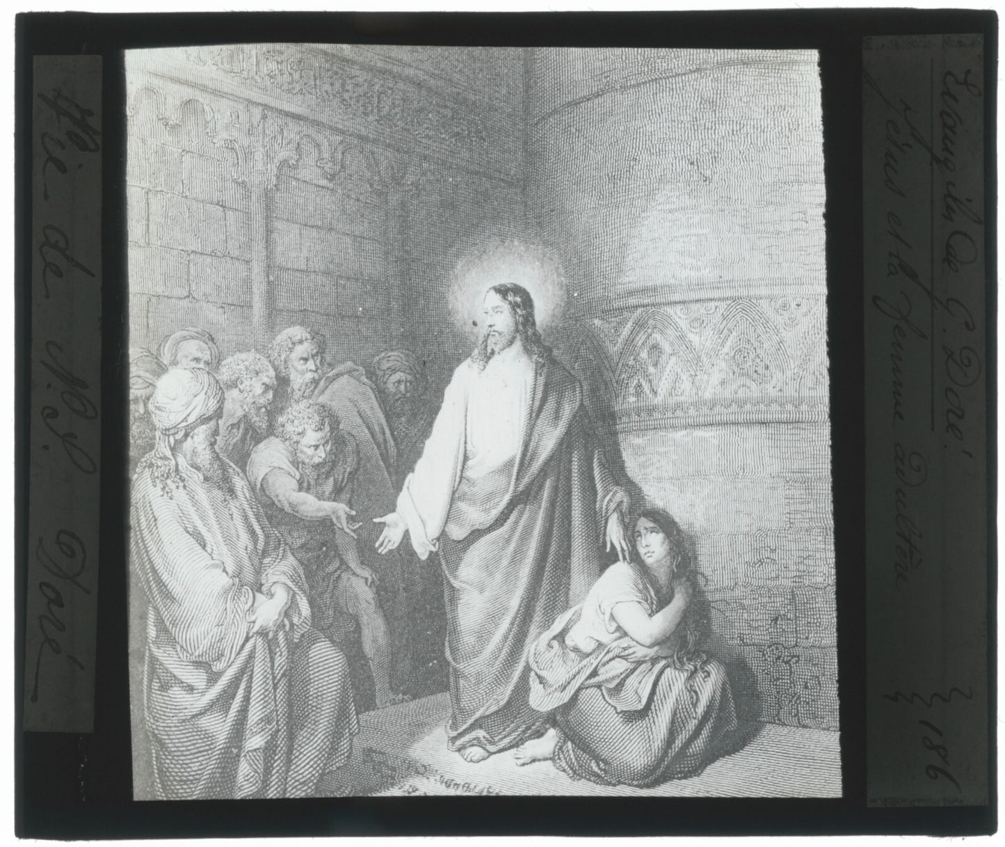Jésus, femme adultère, Bible de Doré, dessin, plaque verre, positif 8,5x10 cm