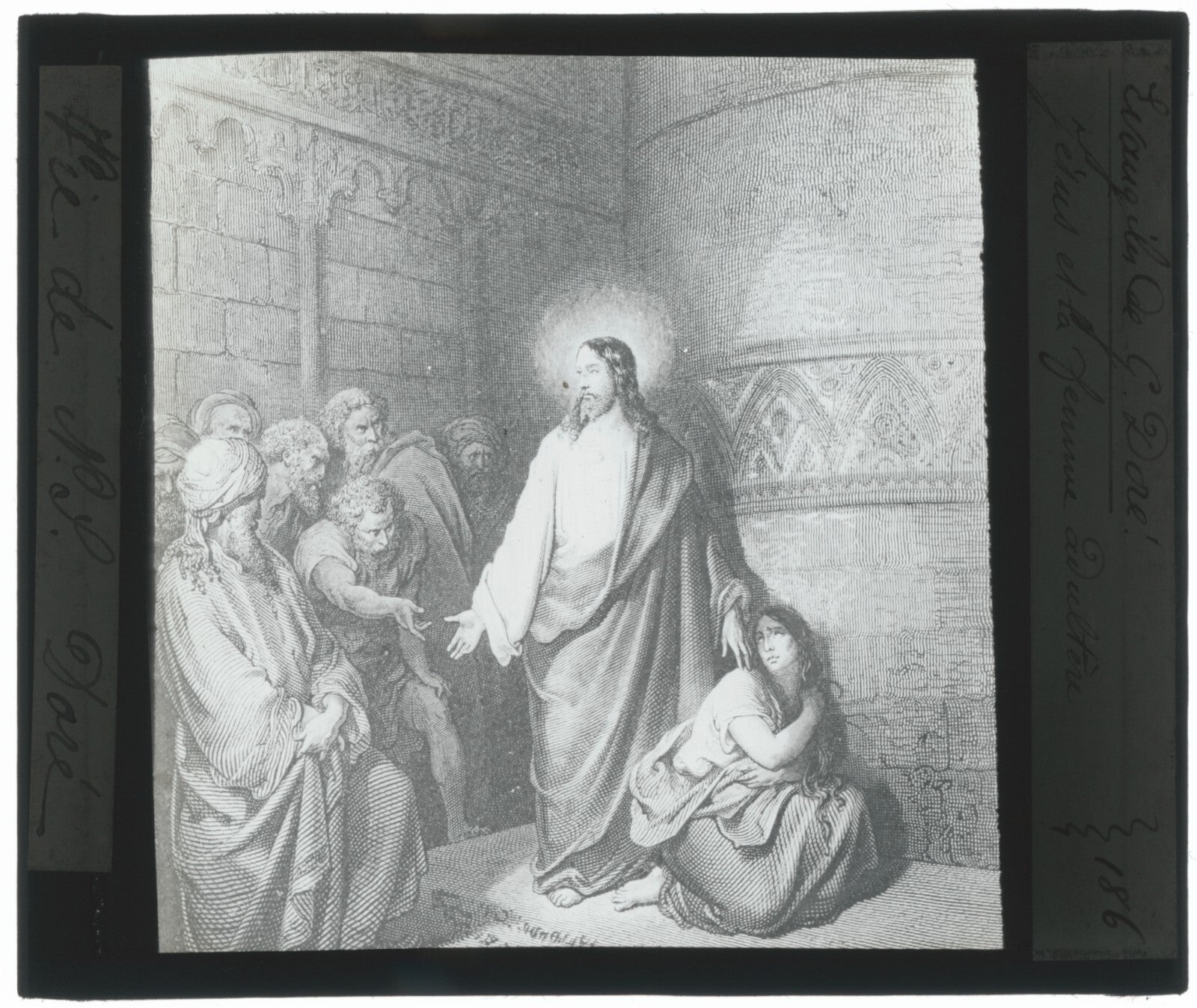 Jésus, femme adultère, Bible de Doré, dessin, plaque verre, positif 8,5x10 cm
