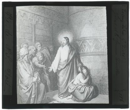 Jésus, femme adultère, Bible de Doré, dessin, plaque verre, positif 8,5x10 cm