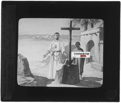 Père Charles de Foucauld, dessin, ancienne plaque de verre, positif 8,5x10 cm