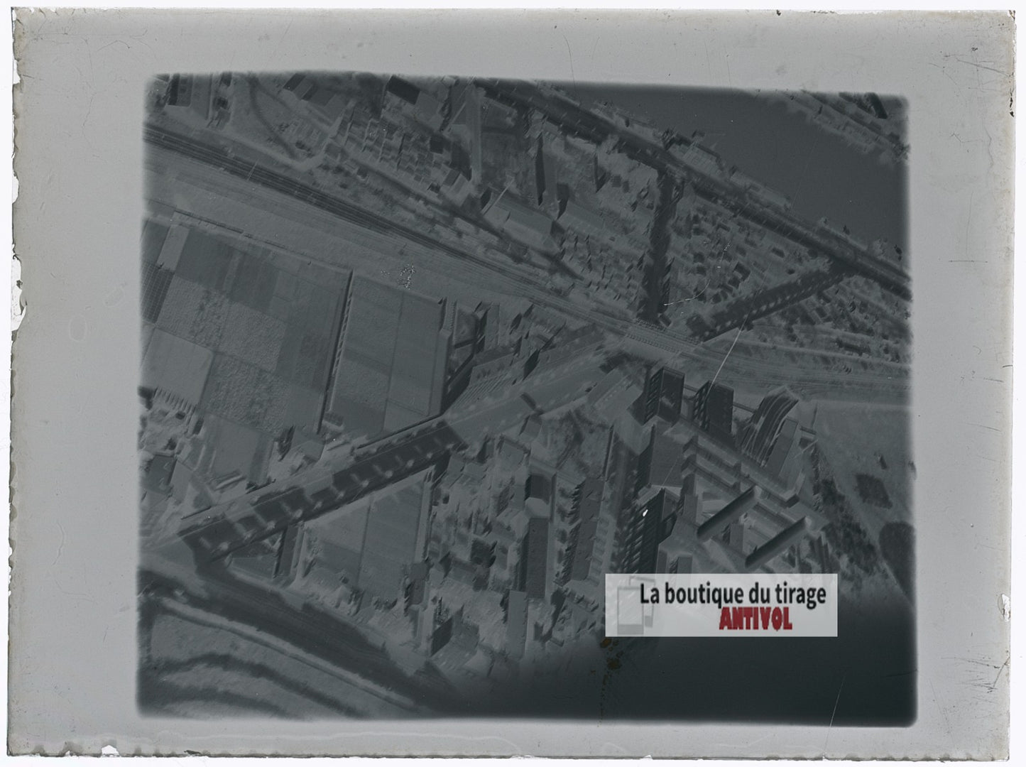 Vue aérienne, avion, ville, plaque verre photo ancienne, négatif 9x12 cm