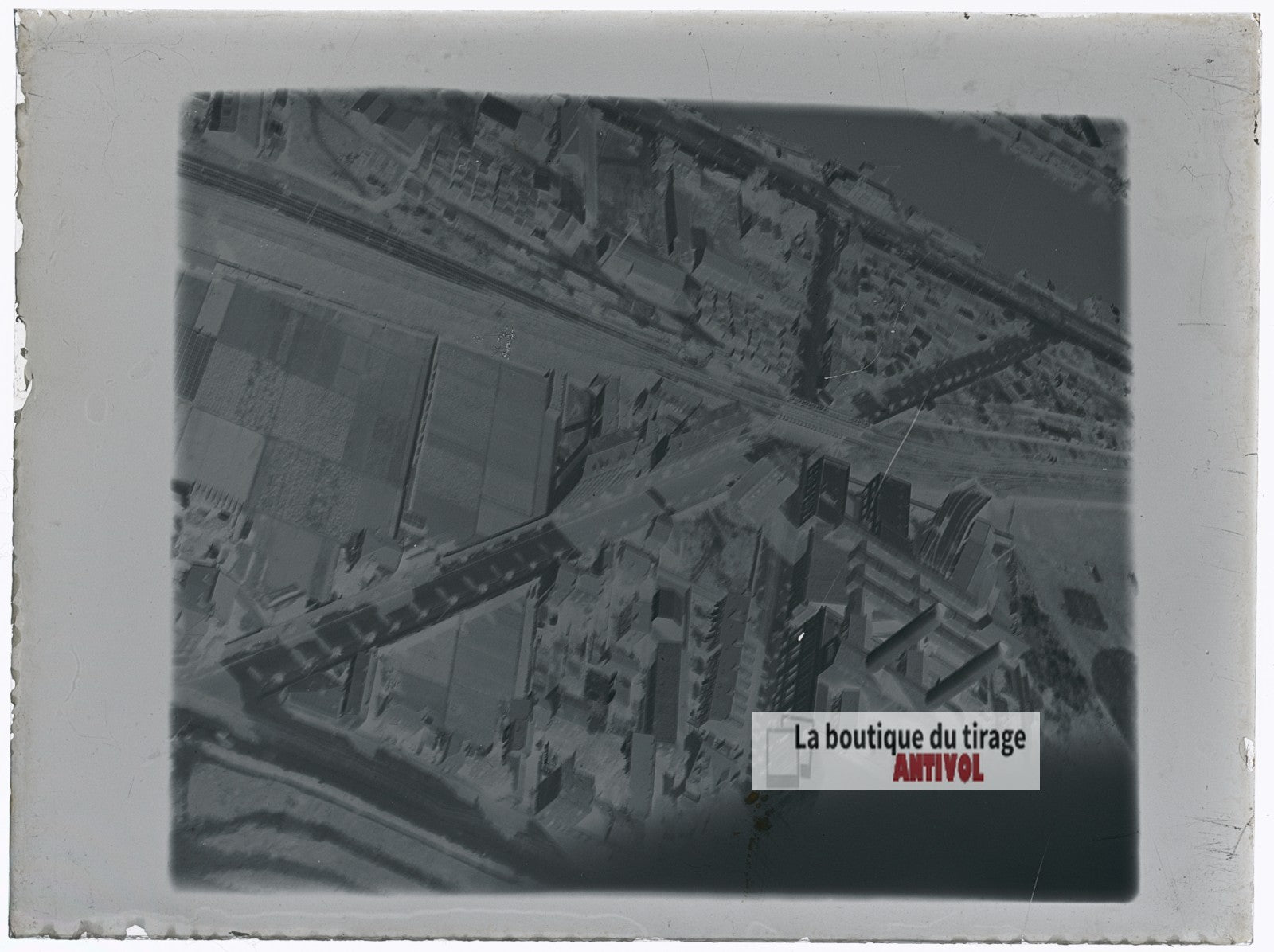 Vue aérienne, avion, ville, plaque verre photo ancienne, négatif 9x12 cm