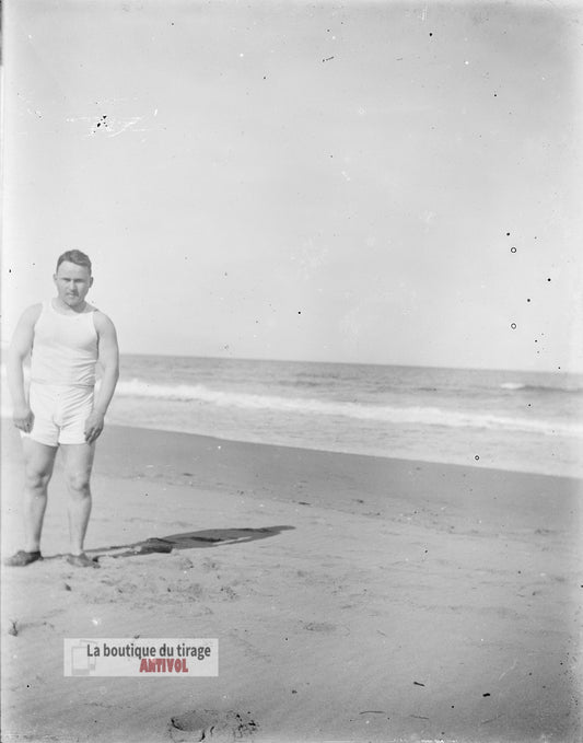 Homme, mer, Oran, Algérie, plaque verre, photo ancienne, négatif 9x12 cm