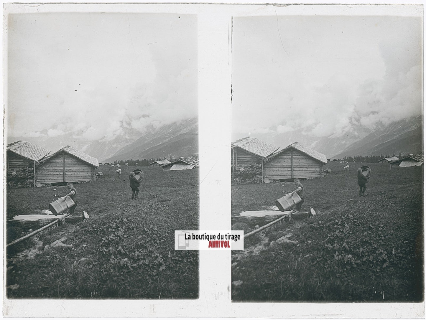 Village, Alpes suisses, stéréo photo plaque verre, noir & blanc, 9x12 cm