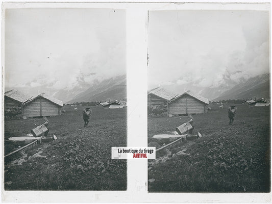 Village, Alpes suisses, stéréo photo plaque verre, noir & blanc, 9x12 cm