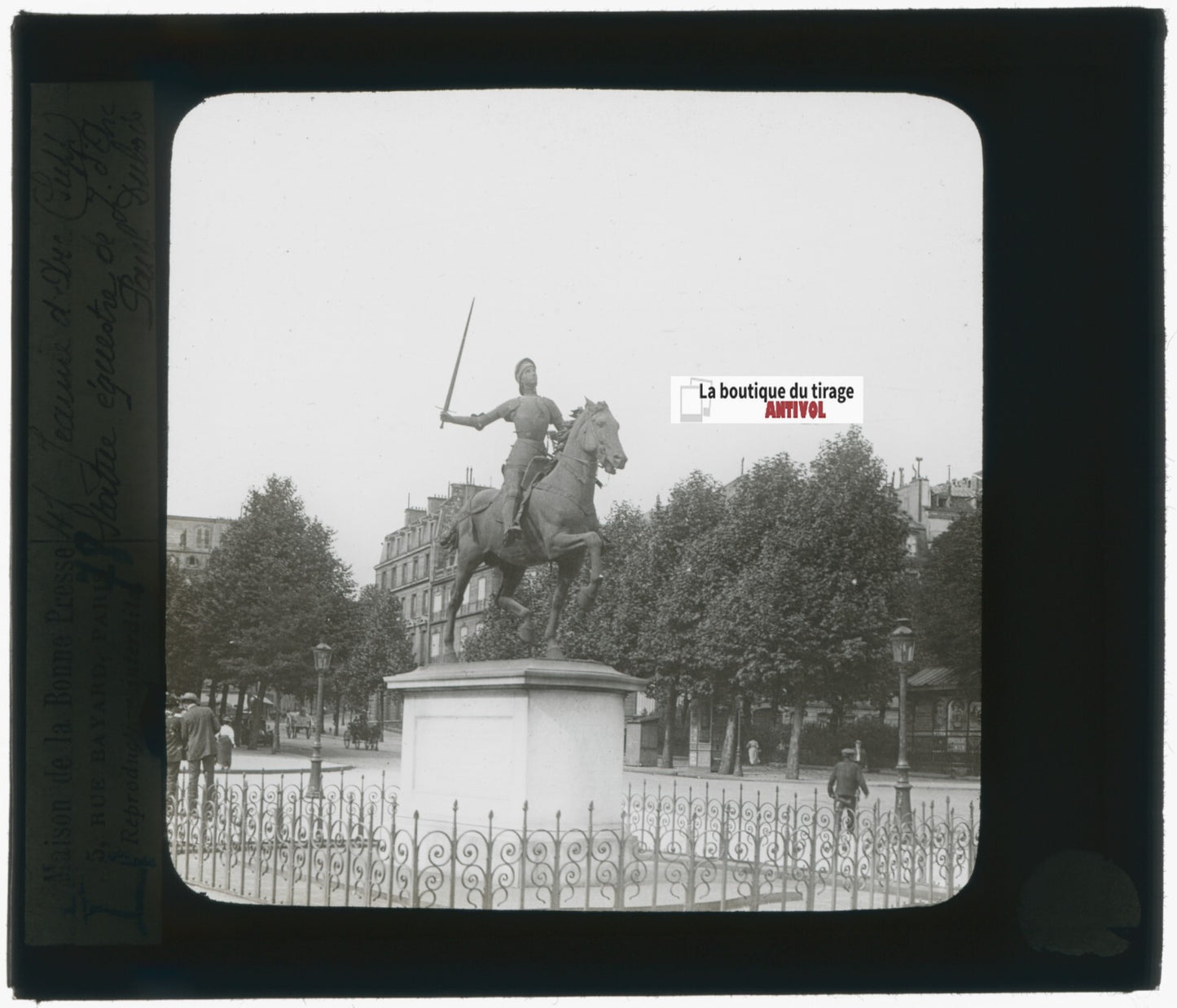 Statue Jeanne d'Arc, Paris, photo plaque verre, noir & blanc, positif 8,5x10 cm