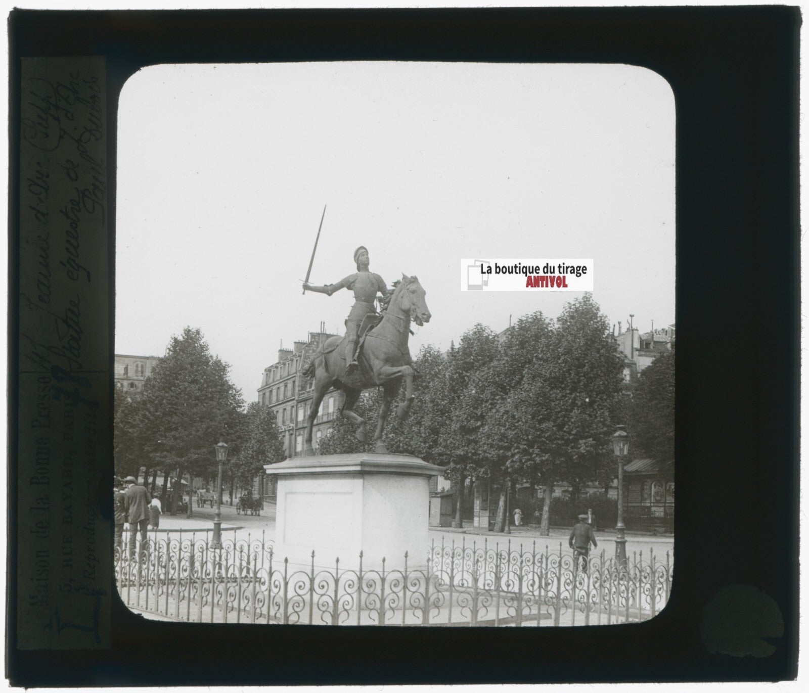 Statue Jeanne d'Arc, Paris, photo plaque verre, noir & blanc, positif 8,5x10 cm