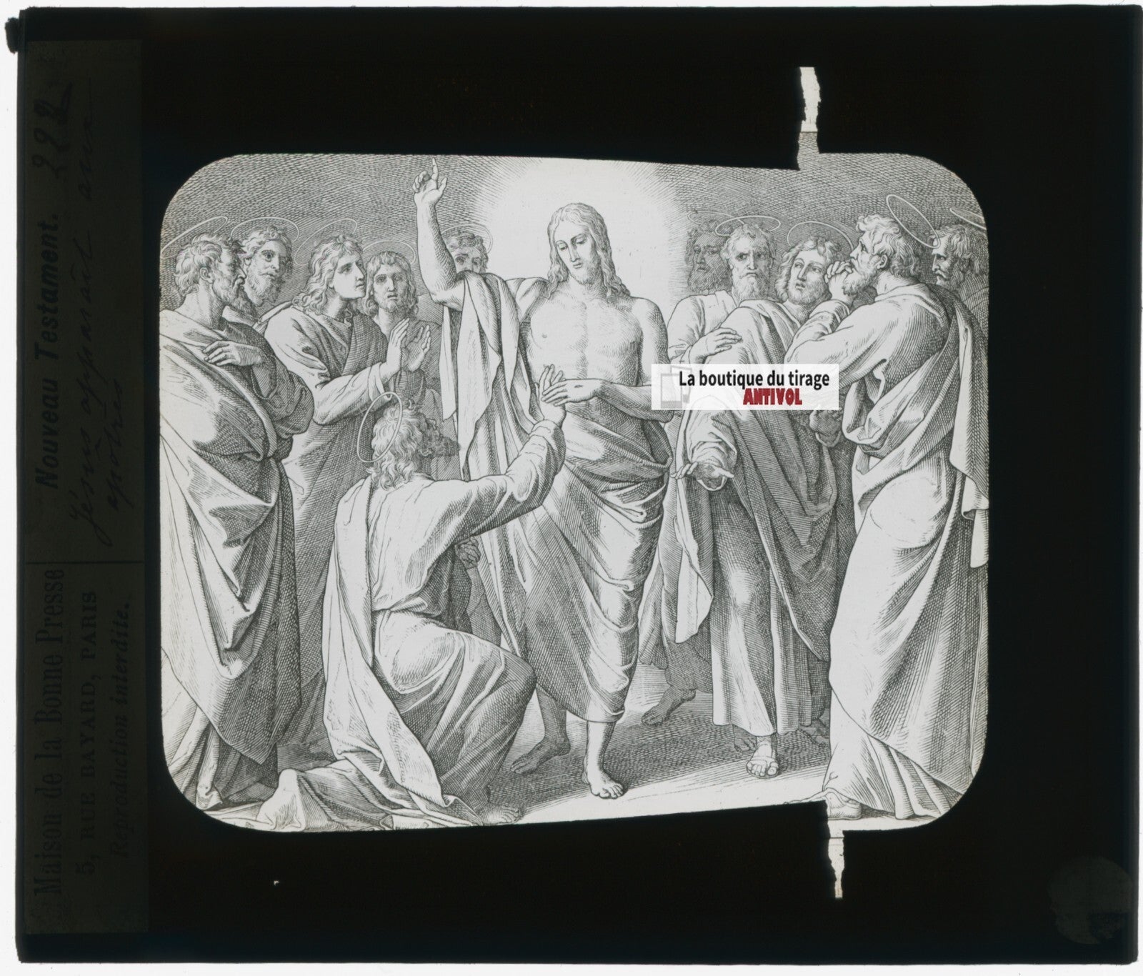 Scène religieuse, dessin, plaque de verre, noir & blanc, positif 8,5x10 cm