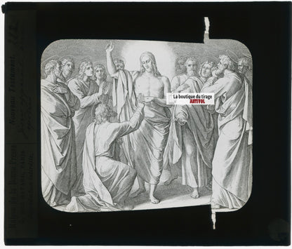 Scène religieuse, dessin, plaque de verre, noir & blanc, positif 8,5x10 cm