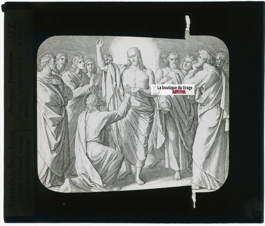 Scène religieuse, dessin, plaque de verre, noir & blanc, positif 8,5x10 cm