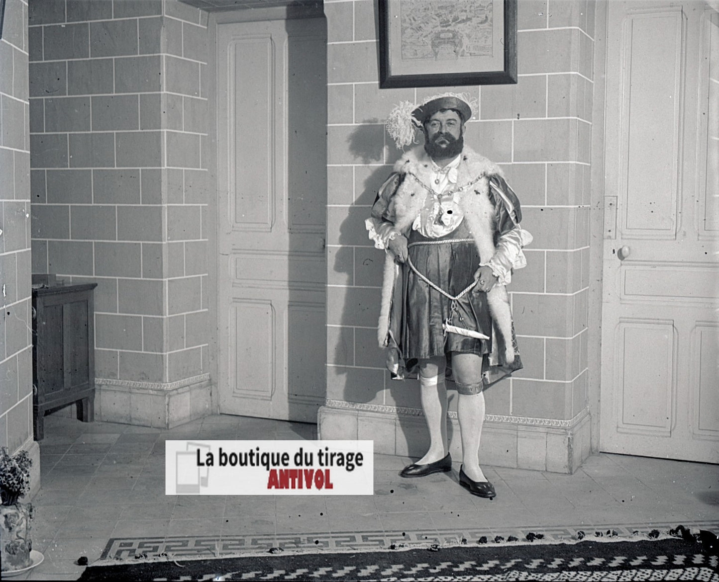 Homme, costume, plaque verre, photo stéréo, négatif noir & blanc 6x13 cm