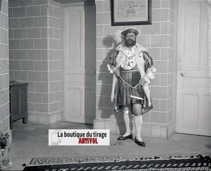 Homme, costume, plaque verre, photo stéréo, négatif noir & blanc 6x13 cm